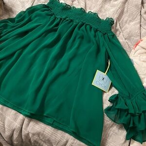 Lush Green 100% polyester off the shoulder blouse.
